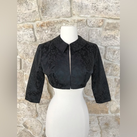 Vintage 50s Black Floral Brocade Dress Set with Kitten Bow Waist Audrey Hepburn - Picture 11 of 16